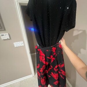 Karl Lagerfeld Black and Red Patterned Skirt and beaded Shirt